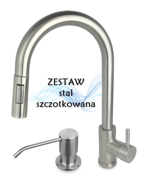 AFINO Bateria kuchenna z wyciąganą wylewką + dozownik INOX 