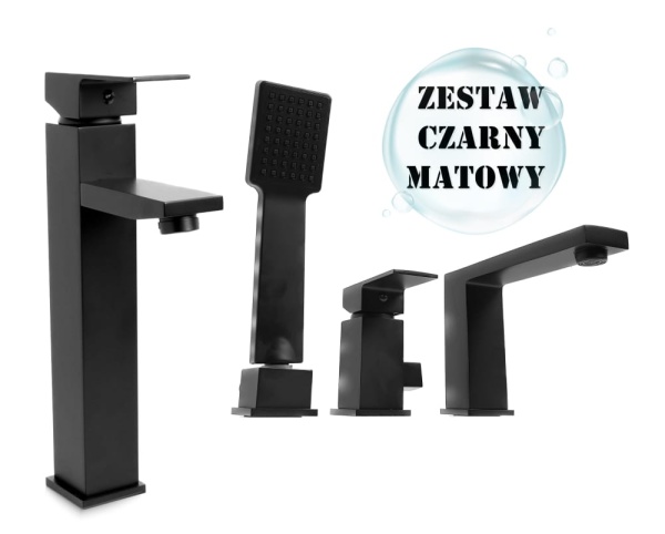 TERZO zestaw Bateria Wannowa 3 Otworowa + umywalkowa nablatowa CZARNA