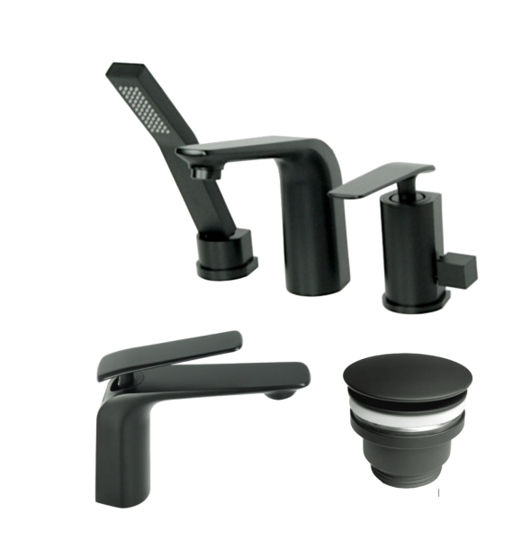 Zestaw Bateria 3 otworowa VERDO + umywalkowa VERDO + korek BLACK