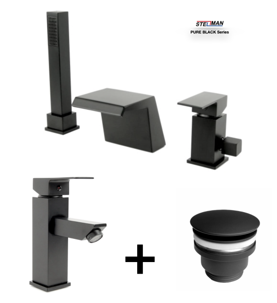 Zestaw Bateria 3 otworowa QATRO + umywalkowa QATRO + korek BLACK 