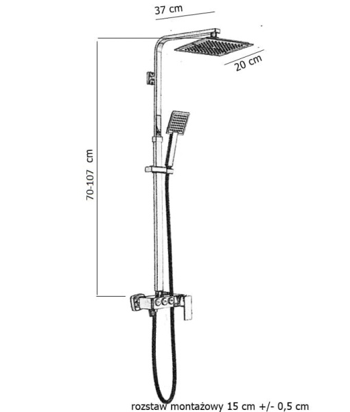 Rysunek techniczny MAXO zestaw natryskowy z baterią deszczownica ultra slim CZARNA