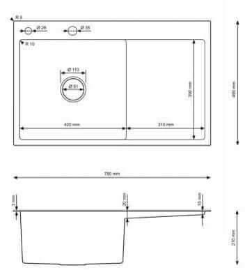 Rysunek techniczny zlewozmywaka stalowego STEEL 7849R CZARNY