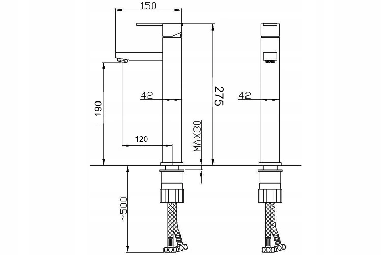 Wysoka bateria umywalkowa QATRO — rysunek techniczny