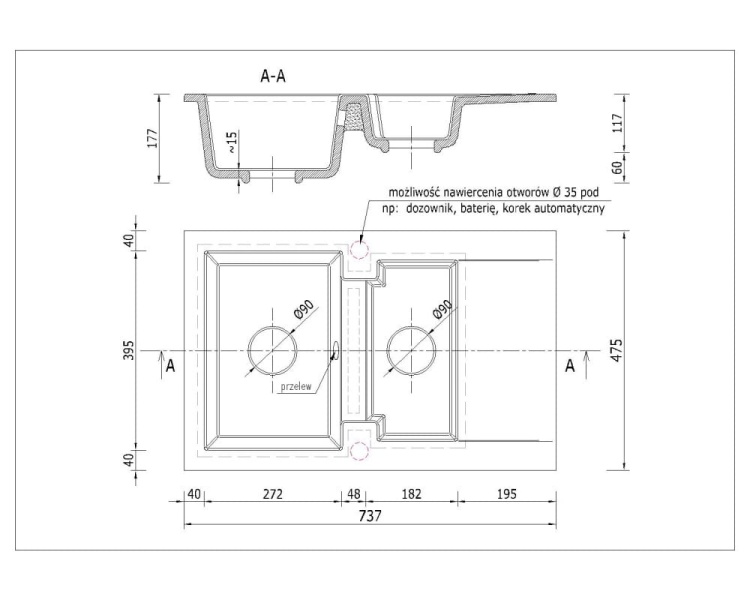 Zlewozmywak granitowy DORIS czarny mat