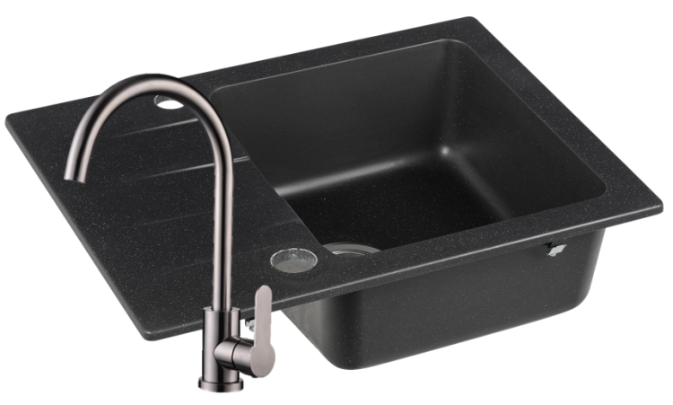 Zlewozmywak Granitowy COAST 25 czarny nakrapiany z baterią stal