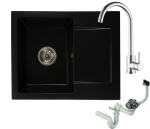 Zlewozmywak granitowy DONZO czarny mat z baterią chrom i syfonem