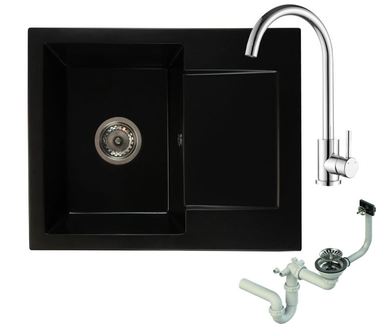 Zlewozmywak granitowy DONZO czarny mat z baterią chrom i syfonem