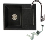 Zlewozmywak granitowy DONZO czarny nakrapiany z baterią inox i syfonem