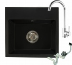Zlewozmywak granitowy DON czarny mat z baterią chrom i syfonem