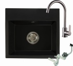 Zlewozmywak granitowy DON czarny mat z baterią inox i syfonem