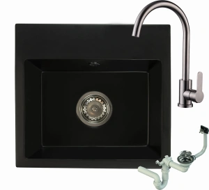 Zlewozmywak granitowy DON czarny mat z baterią inox i syfonem
