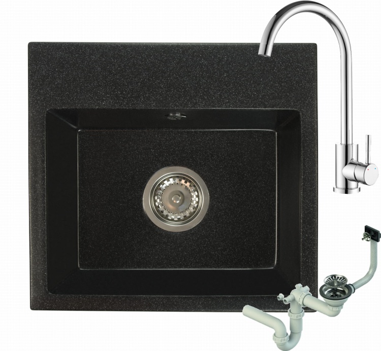 Zlewozmywak granitowy DON czarny nakrapiany z baterią chrom i syfonem