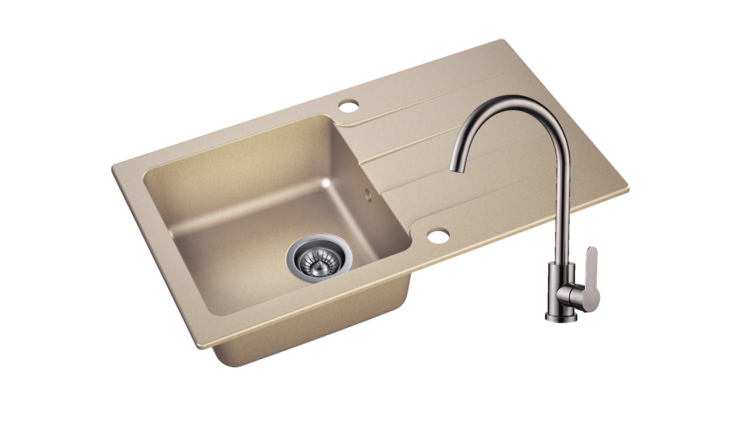 Zlewozmywak Granitowy LAGOON 160 beż z baterią inox