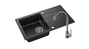 Zlewozmywak Granitowy LAGOON 160 czarny nakrapiany z baterią inox