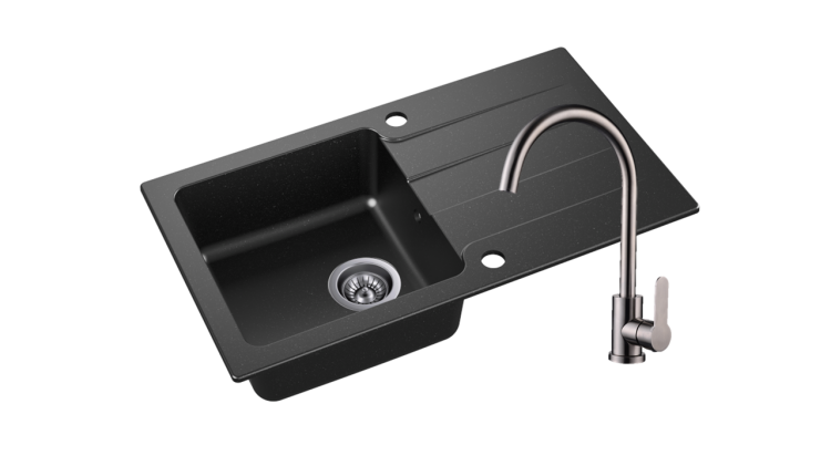 Zlewozmywak Granitowy LAGOON 160 czarny nakrapiany z baterią inox