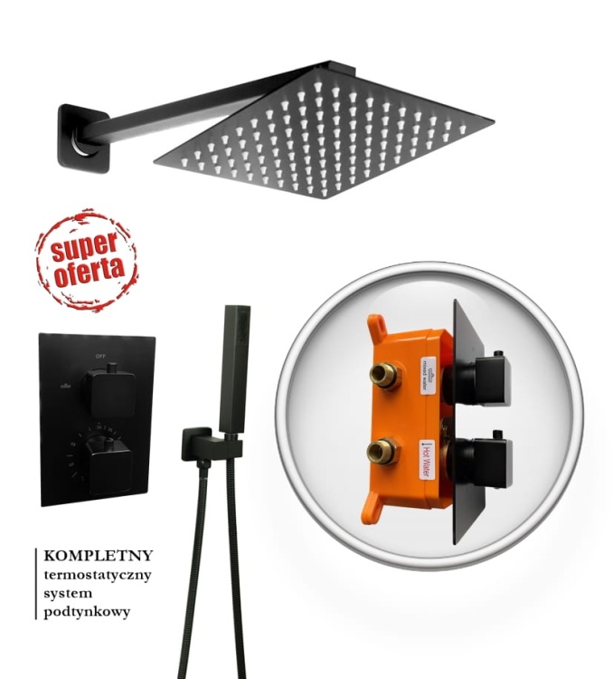 VIVID BLACK TR2 termostatyczna bateria natryskowa prysznicowa deszczownica Ultra Slim 25 cm CZARNA