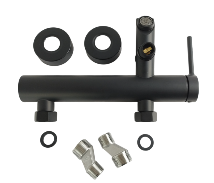 Elegancka bateria wannowa UNO BLACK z zestawem prysznicowym QUBUS