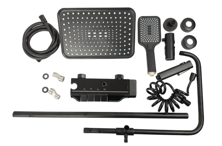 Stylowy zestaw natryskowy z czarną deszczownicą DISPLAY, praktyczny wybór do łazienki