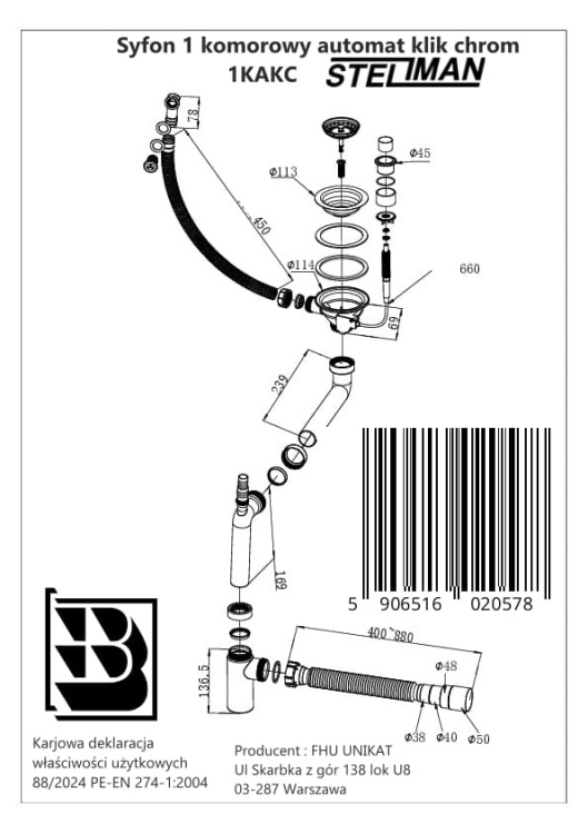Syfon przyścienny automatyczny, chromowany, do zlewozmywaka jednokomorowego z funkcją klik-klak