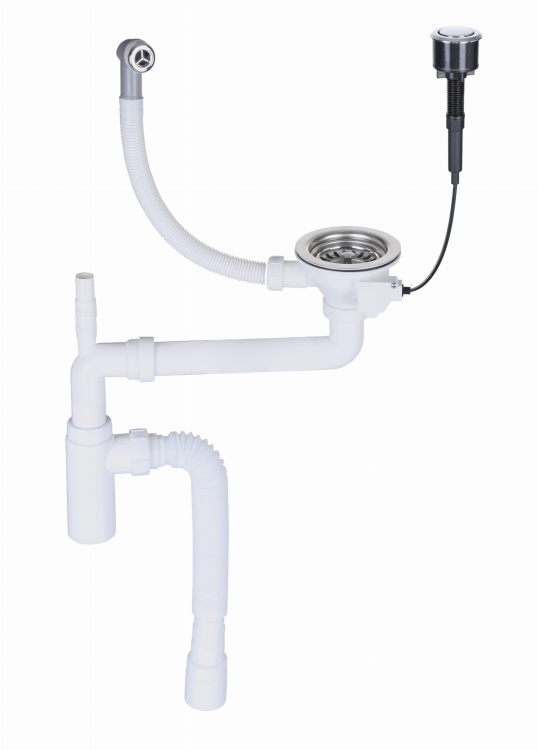 Chromowany przyścienny syfon zlewozmywakowy automatyczny, jednokomorowy, z mechanizmem klik-klak