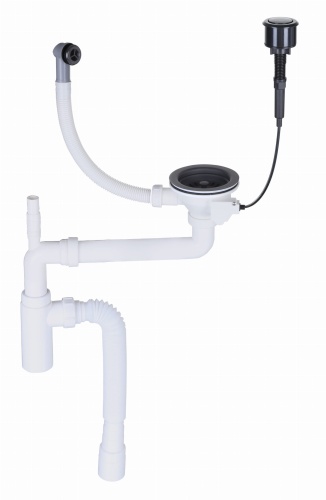 Czarny, przyścienny syfon zlewozmywakowy automatyczny, jednokomorowy, z mechanizmem klik-klak