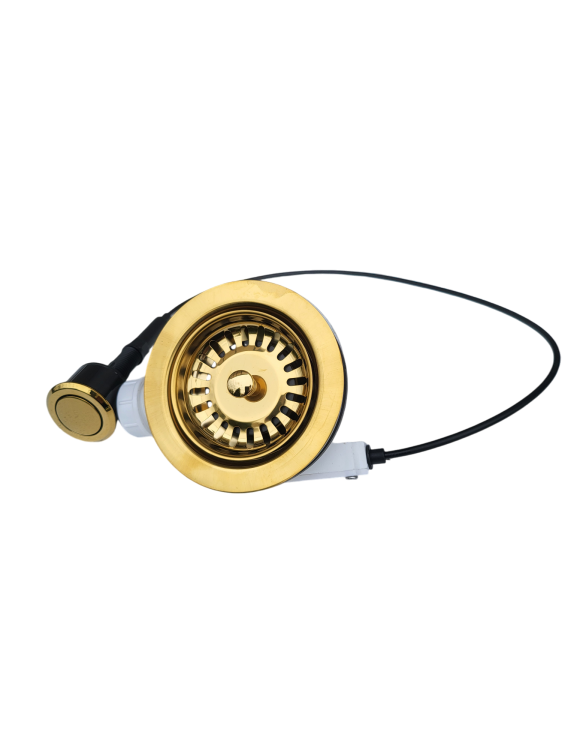 Dwukomorowy syfon przyścienny do zlewu, w kolorze złotym, automatyczny system klik-klak