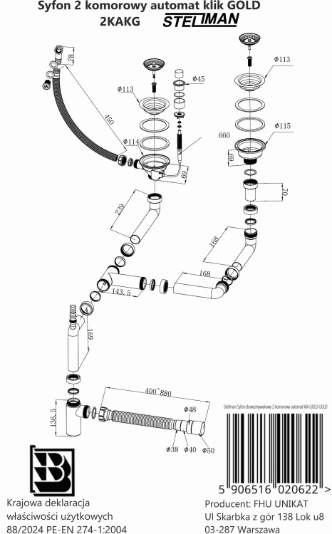 Rysunek techniczny - syfon automatyczny, przyścienny, złoty, dwukomorowy z funkcją klik-klak