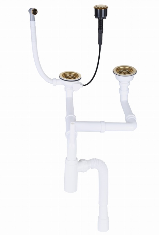 Złoty, przyścienny syfon zlewozmywakowy automatyczny, dwukomorowy, z mechanizmem klik-klak