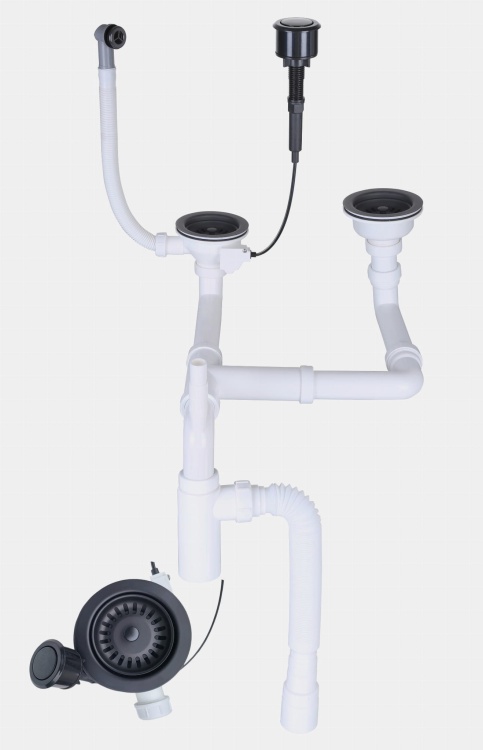 Syfon zlewozmywakowy przyścienny automatyczny 2 komorowy czarny klik klak