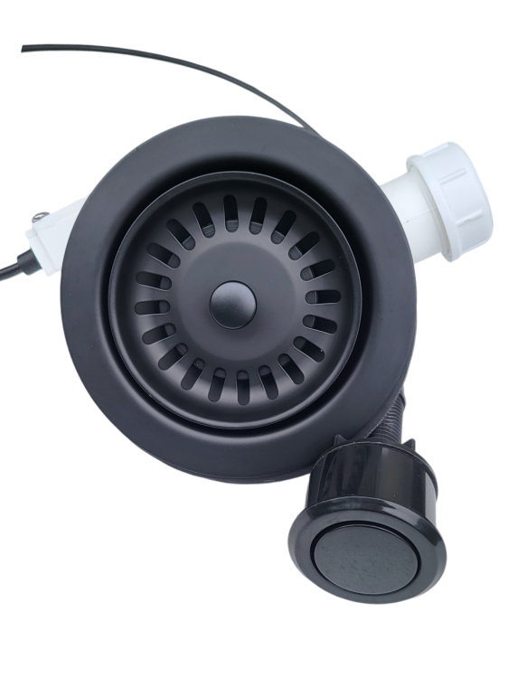 Czarny, przyścienny syfon zlewozmywakowy automatyczny, dwukomorowy, z funkcją klik-klak