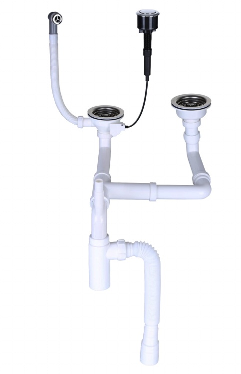 Dwukomorowy syfon zlewozmywakowy przyścienny, automatyczny, w kolorze chromowanym, model klik-klak