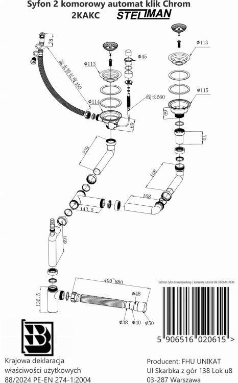 Syfon przyścienny automatyczny do zlewozmywaka dwukomorowego, w chromowanym wykończeniu, system klik-klak