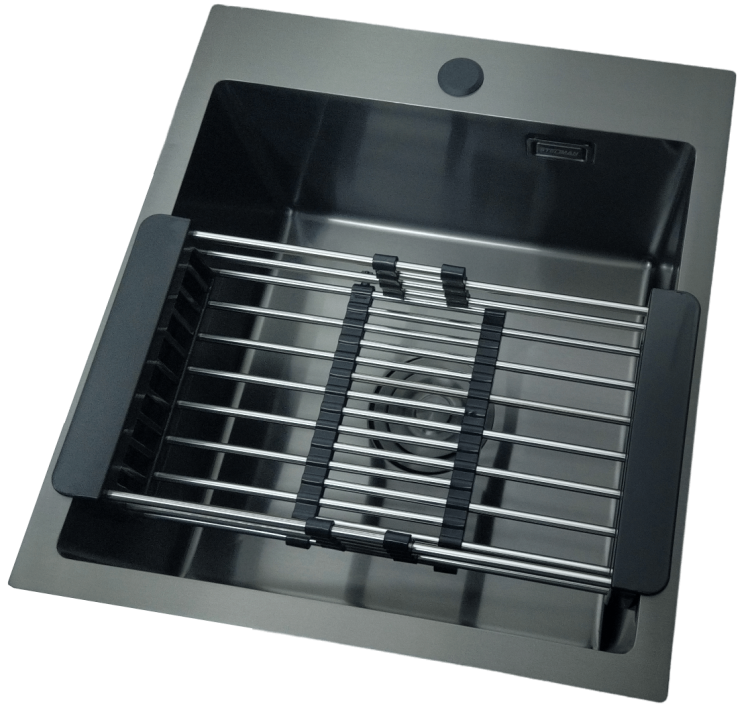 4Zlewozmywak stalowy STELLMAN 4550 CZARNY z baterią Flexi Black Pure i koszykiempng