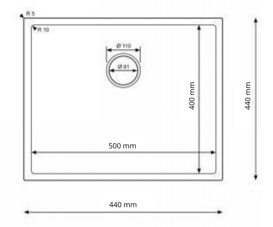 Rysunek zlewozmywaku ze stali STEEL 5444P podwieszany