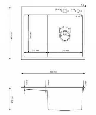 Rysunek techniczny zlewozmywaka stalowego STEEL 5848R CZARNY