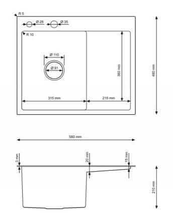 Rysunek techniczny zlewozmywaka stalowego STEEL 5848L CZARNY