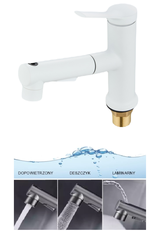 Biała bateria umywalkowa z wyciąganą wylewką. Kolor - BIALY