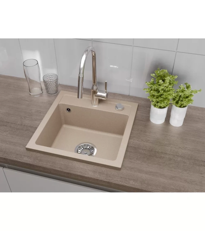 Zlewozmywak Granitowy BELLA beżowy z baterią. Przykładowe zdjęcie.