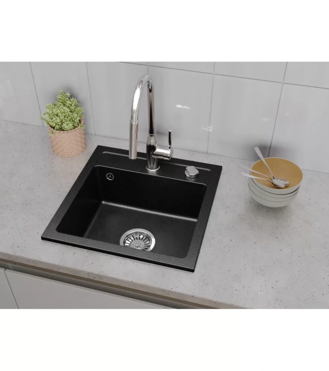 Zlewozmywak Granitowy BELLA czarny metalik z baterią. Przykładowe zdjęcie.