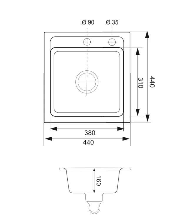 Zlewozmywak Granitowy BELLA. Rysunek techniczny.