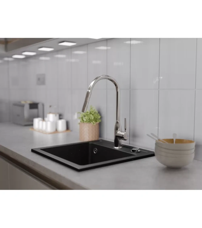 Zlewozmywak granitowy jednokomorowy BELLA. Kolor: czarny nakrapiany.