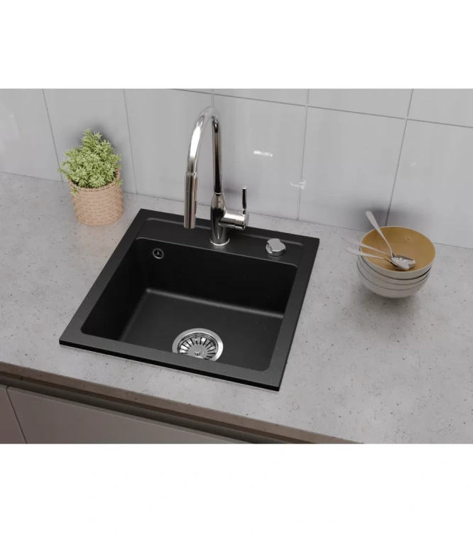 Zlewozmywak Granitowy BELLA czarny nakrapiany z baterią. Przykładowe zdjęcie.