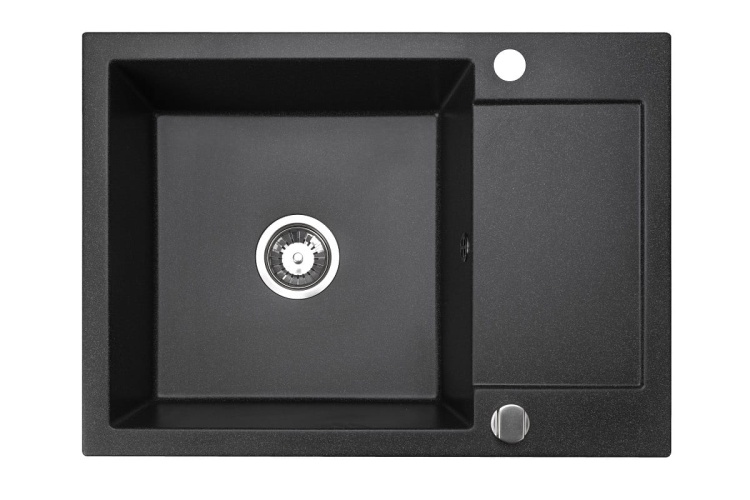 Jednokomorowy zlewozmywak granitowy z ociekaczem.  Model: CORDEO 70. Kolor: czarny nakrapiany.