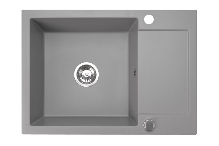 Jednokomorowy zlewozmywak granitowy z ociekaczem.  Model: CORDEO 70. Kolor: szary.