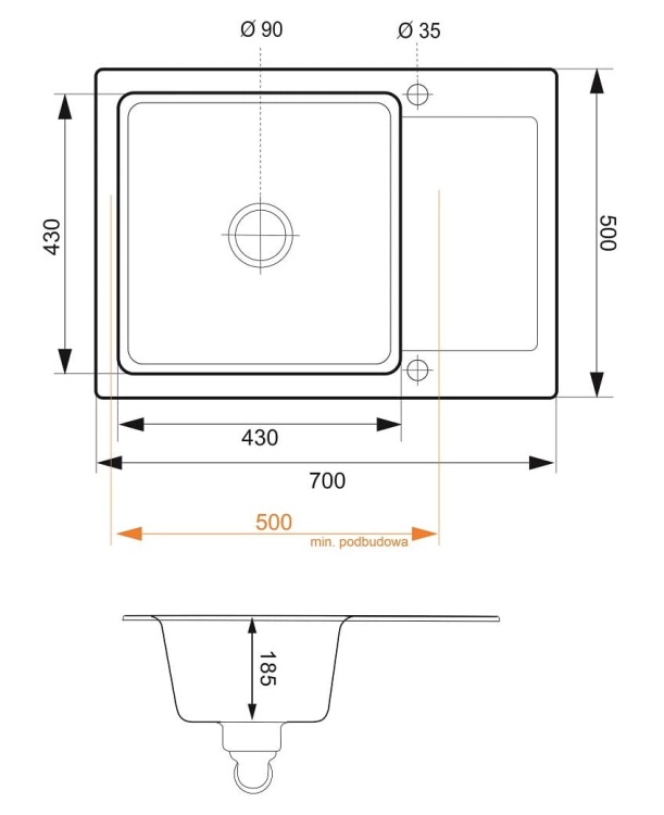 Zlewozmywak Granitowy CORDEO 70. Rysunek techniczny.