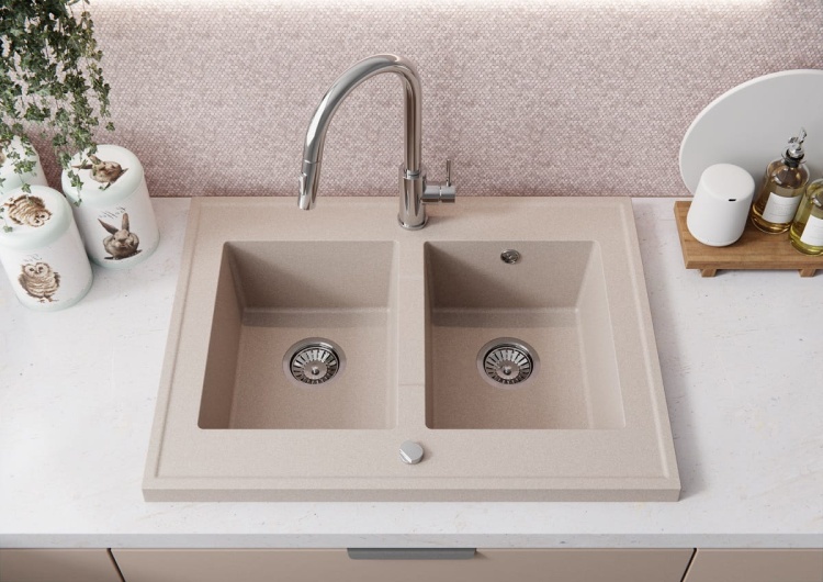 Zlewozmywak Granitowy GRANDE Premium na 2 komory. Kolorz beżowy.
