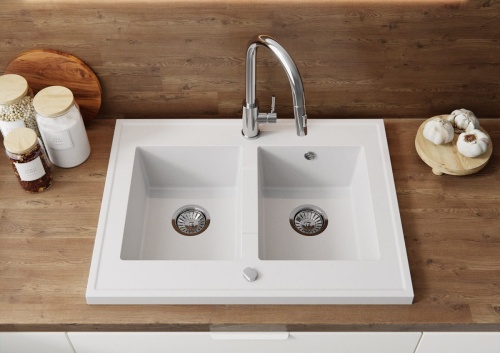 Zlewozmywak Granitowy GRANDE Premium biały na 2 komory