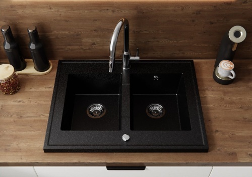 Zlewozmywak Granitowy GRANDE Premium czarny nakrapiany na 2 komory
