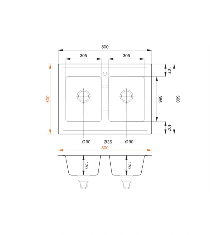 Techniczny rysunek. Zlewozmywak Grande czarny nakrapiany na 2 komory.