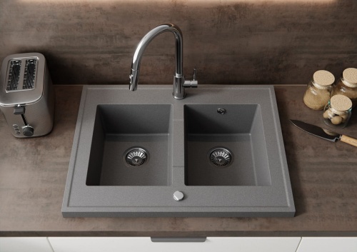 Zlewozmywak Granitowy GRANDE Premium szary na 2 komory
